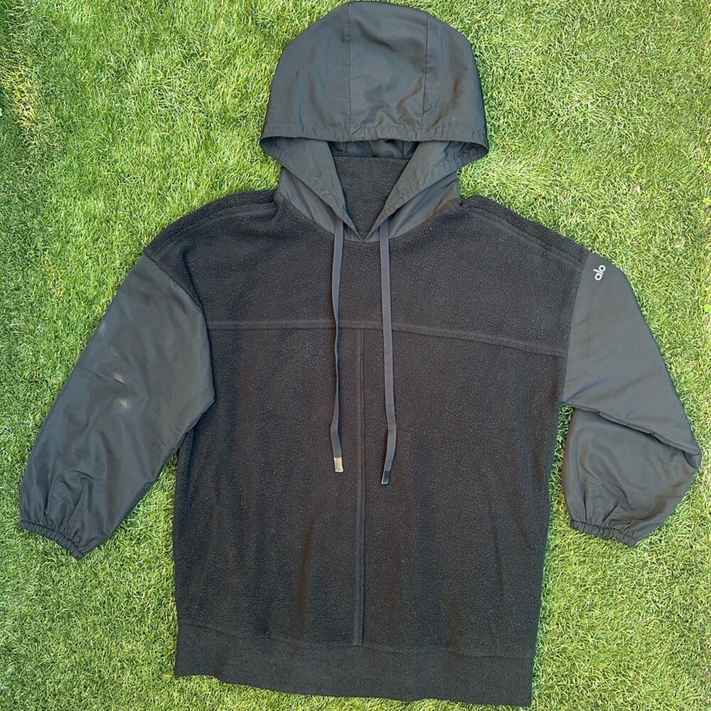 Alo Mixed Media Hoodie Oversized Athletic Polar Fleece Pullover Sweatshirt XS